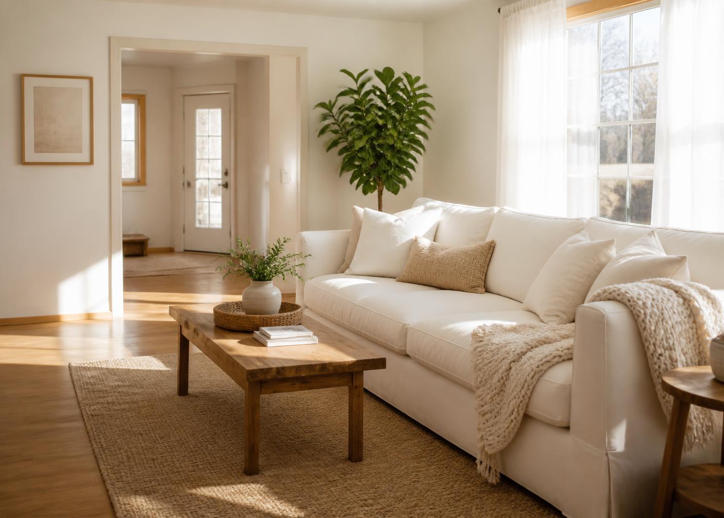 A tidy, sunlit living room after a house cleaning